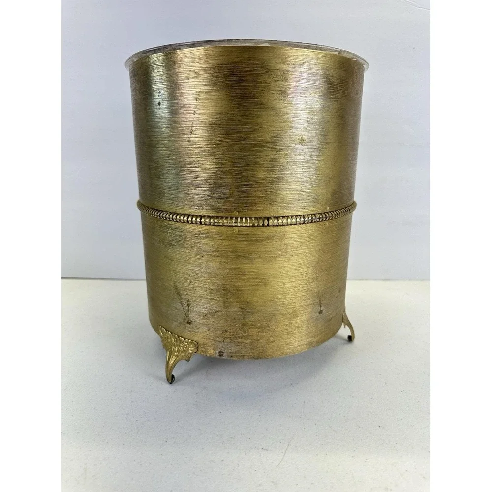 Vintage Hollywood Regency Gold Tone Metal Wastebasket W/ Acrylic Liner Footed